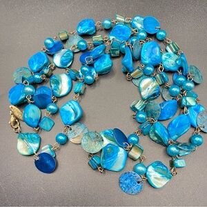 AVENUE Blue Natural Seashells Long Necklace Bohemian Style Oceancore Beachcore